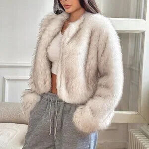 White Casual Women's Front Open Short Fluffy Coat